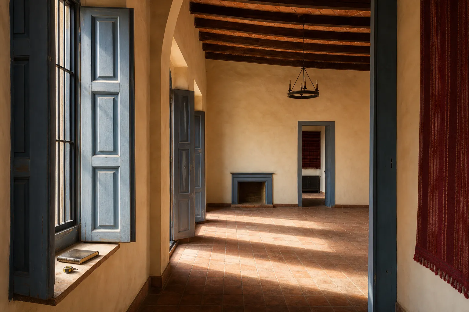 Empty room in a San Miguel colonial house with tall beamed ceilings and afternoon light on terracotta tile