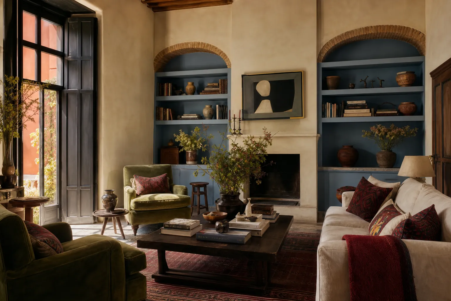 Layered living room with custom armchairs and styled bookshelves in a San Miguel colonial home