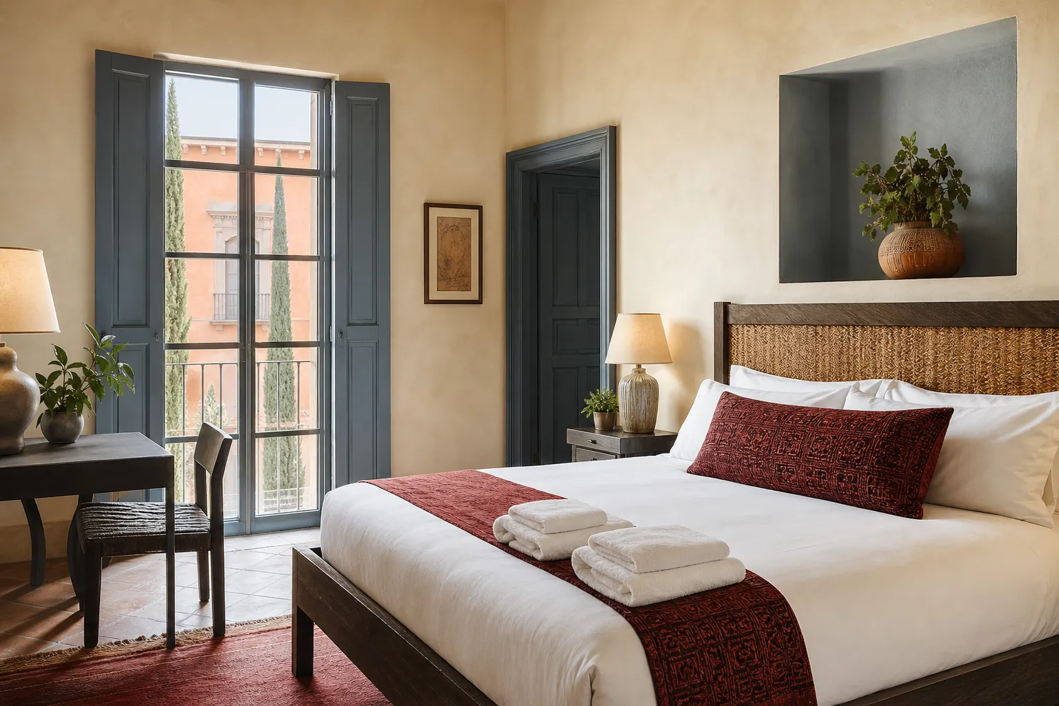 Styled guest bedroom with crisp white bedding, woven headboard, and bright natural light, ready for rental listing